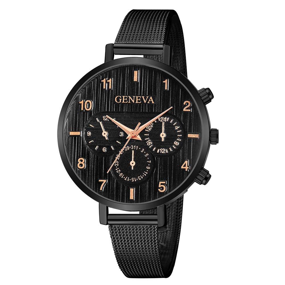 Ceas Geneva Dama Quartz Casual Elegant Negru-rose, PN999393NRE, curea din metal (mesh), afisaj Analog