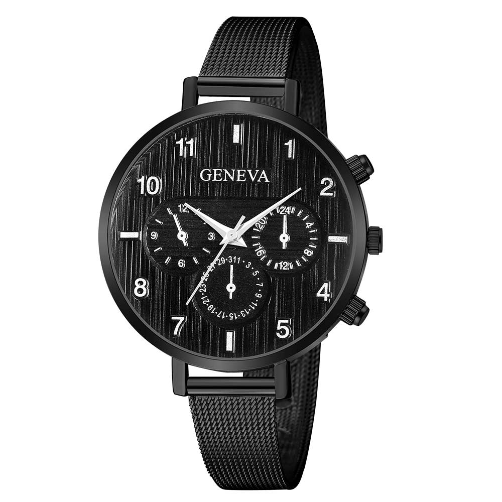 Ceas Geneva Dama Quartz Casual Elegant Negru-silver, PN999393NSR, curea din metal (mesh), afisaj Analog