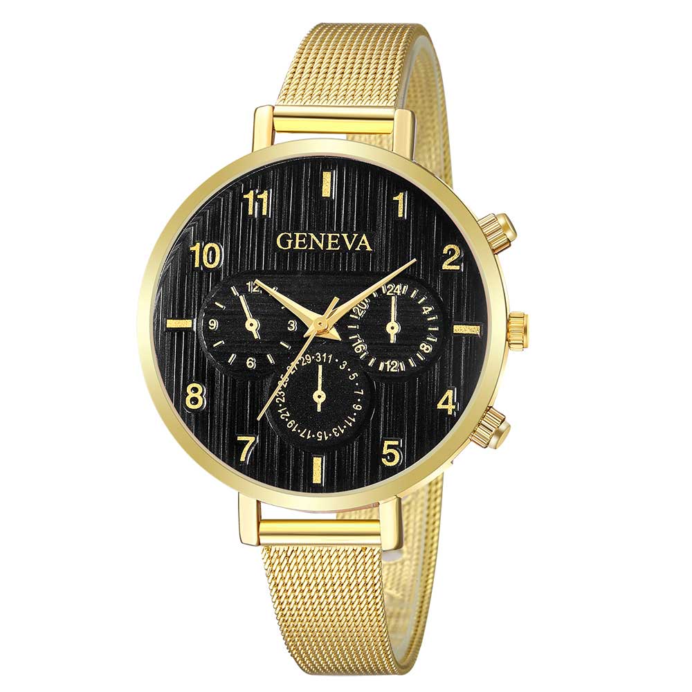 Ceas Geneva Dama Quartz Casual Elegant Gold-negru, PN999393GNU, curea din metal (mesh), afisaj Analog
