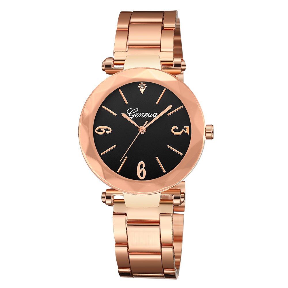 Ceas Geneva Dama Quartz Casual Elegant Rosegold-negru, PN999452RNU, curea din metal (zale), afisaj Analog
