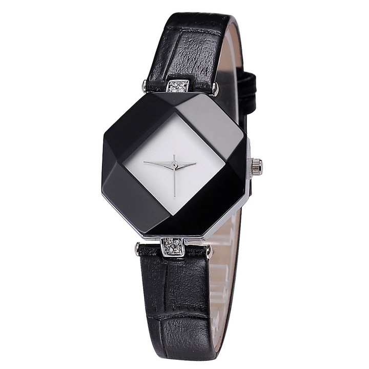 Ceas Geneva Dama Quartz Casual Elegant Negru, PN999855NU, curea din piele, afisaj Analog