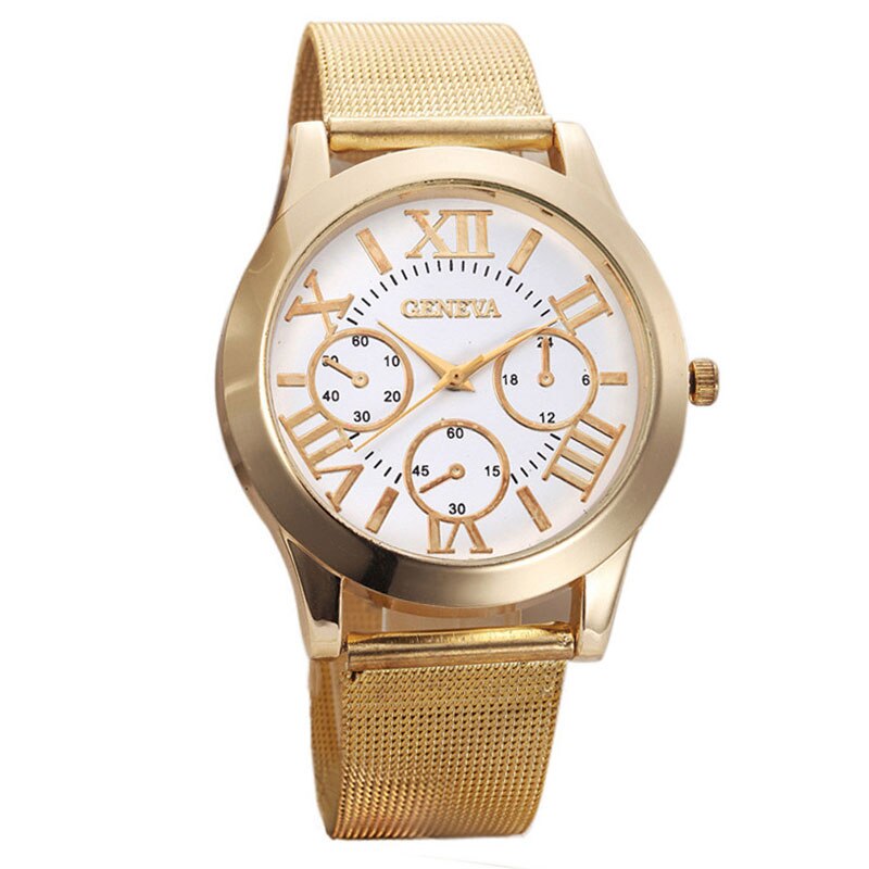 Ceas Geneva Dama Quartz Casual Elegant Auriu/alb, PN999973GAB, curea din metal (mesh), afisaj Analog