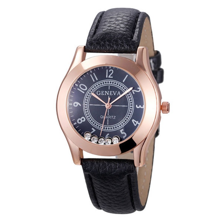 Ceas Geneva Dama Quartz Casual Elegant Negru, PN999263NU, curea din piele, afisaj Analog