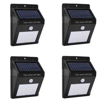Set 4 lampi cu incarcare solara si senzor de miscare pentru exterior, 20 becuri LED-uri, montaj pe perete, fara cabluri Set 4 lampi cu incarcare solara si senzor de miscare pentru exterior, 20 becuri LED-uri, montaj pe perete, fara cabluri
