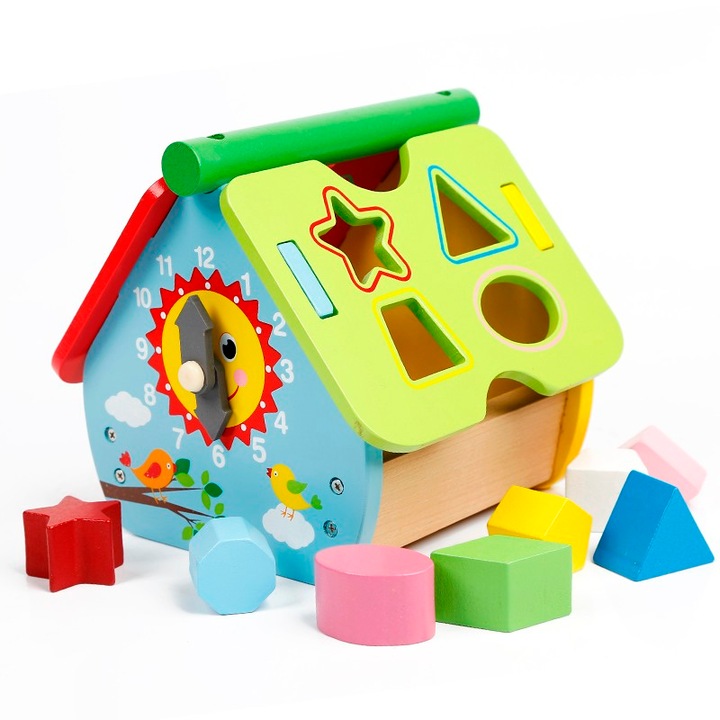 Casuta educativa lemn Montessori, Block House, forme de sortare, ceas, Multicolor, + 3 ani