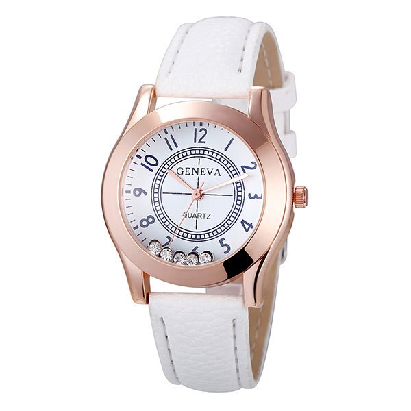 Ceas Geneva Dama Quartz Casual Elegant Alb, PN999263AB, curea din piele, afisaj Analog