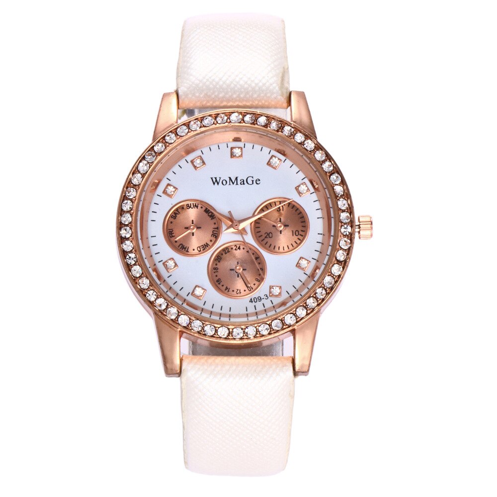 Ceas WoMaGe Dama Quartz Casual Elegant Alb, PN999314AB, curea din piele, afisaj Analog