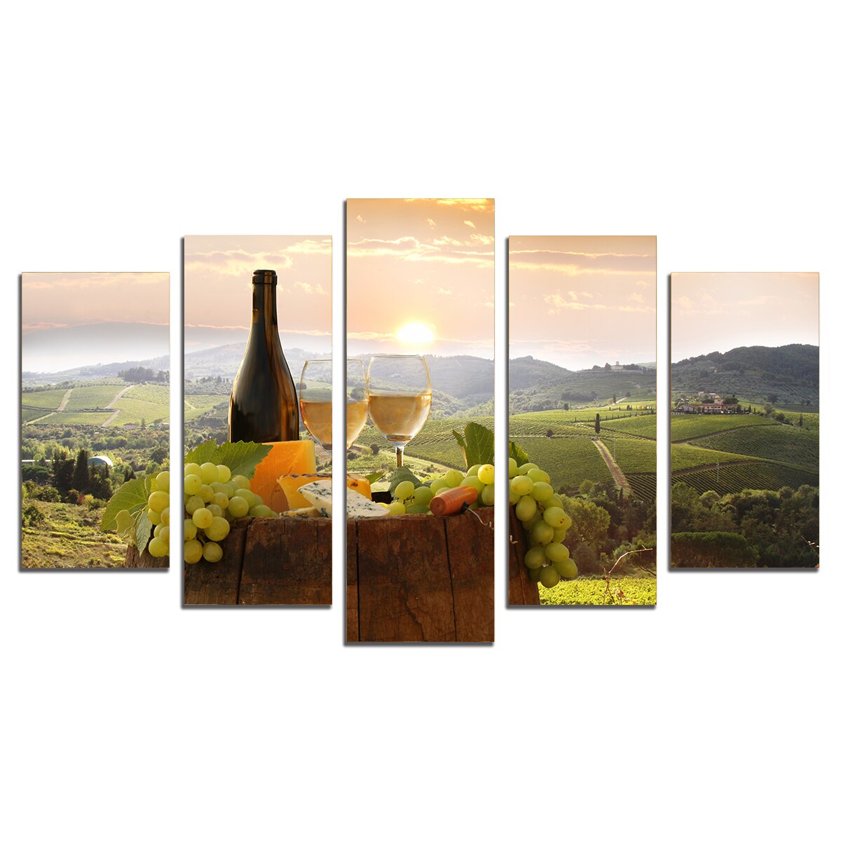 Set Tablouri Multicanvas 5 Piese, Peisaj cu vin alb si struguri, 108х60 cm