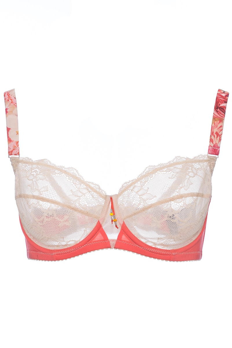 Sutien fara burete din dantela si microfibra, din colectia frantuzeasca de Lux, Bon-Bon Flower Power, Portocaliu/somon