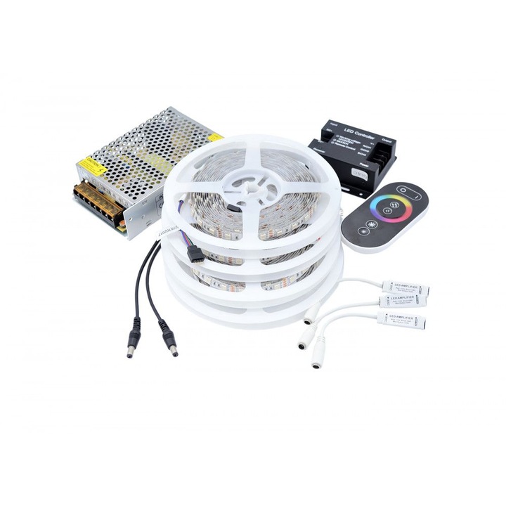 Kit Banda LED 5050 IP20 RGB 30 leduri/metru 20 metri+ alimentare + controller touch