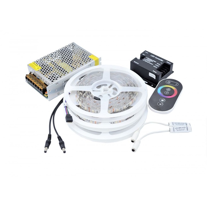 Kit Banda LED 5050 IP20 RGB 30 leduri/metru 15 metri+ alimentare + controller touch