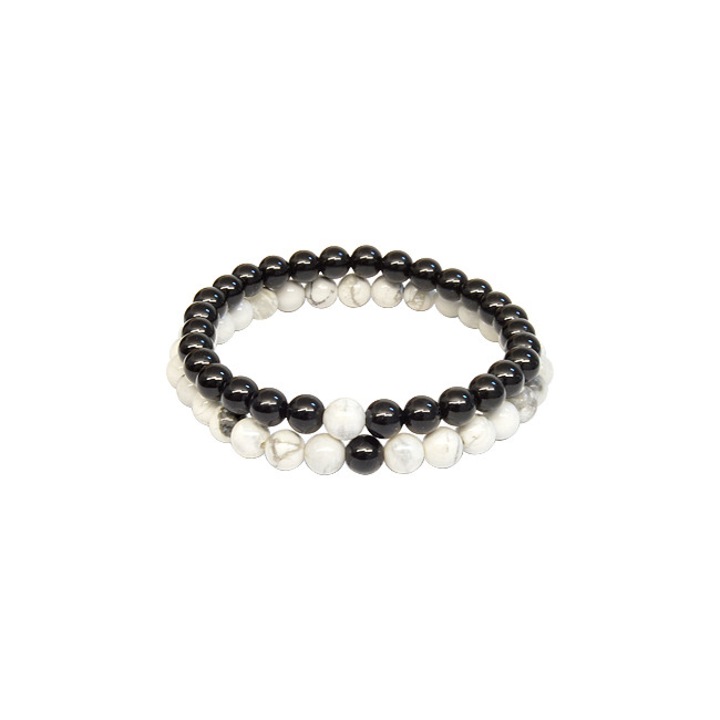 Двойна гривна "Той и тя" сфери 6 мм, черен оникс и бял хаулит, унисекс, е-кристали