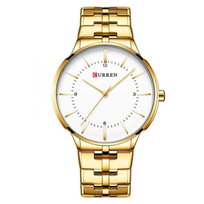 Ceas Curren Unisex Quartz Casual Elegant Gold-alb, PN999566GAB, curea din metal (zale), afisaj Analog