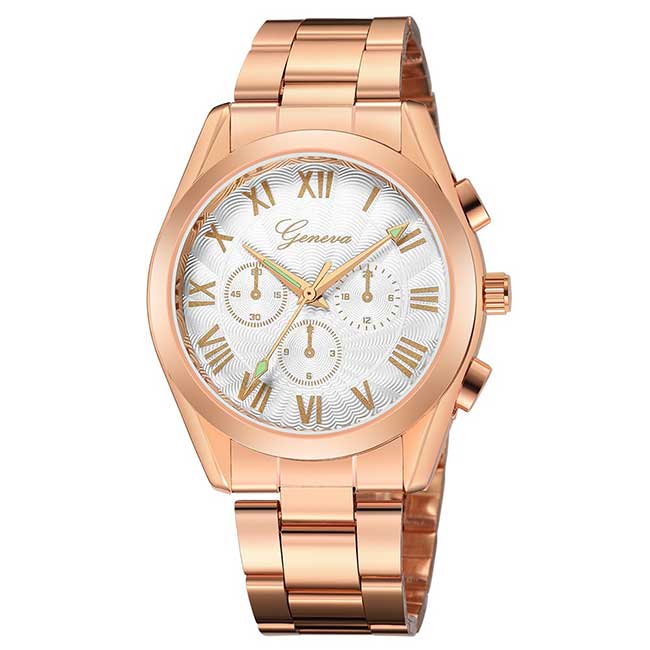 Ceas Geneva Unisex Quartz Casual Elegant Rosegold-alb, PN999533RAB, curea din metal (zale), afisaj Analog
