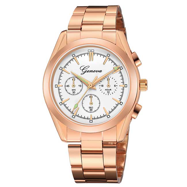 Ceas Geneva Unisex Quartz Casual Elegant Rosegold-alb, PN999505RAB, curea din metal (zale), afisaj Analog