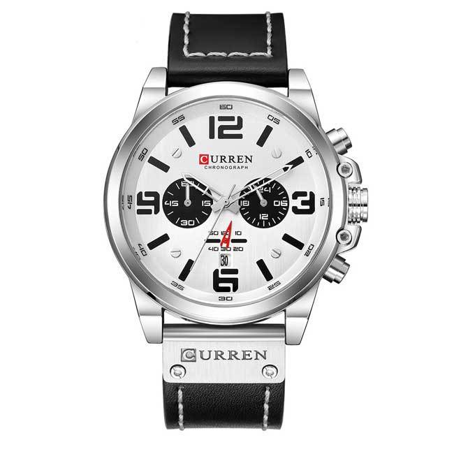 Ceas Curren Barbatesc Quartz Casual Elegant Silver-alb, PN999496SAB, curea din piele, afisaj Analog