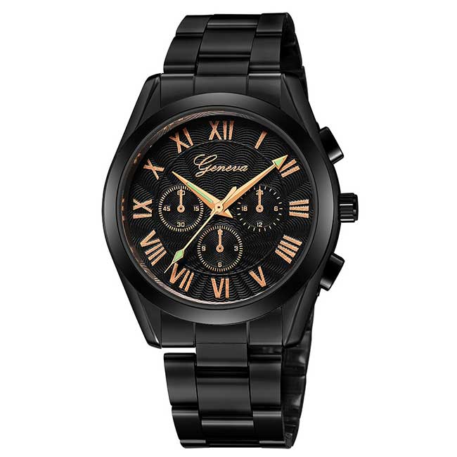 Ceas Geneva Unisex Quartz Casual Elegant Negru, PN999533NU, curea din metal (zale), afisaj Analog