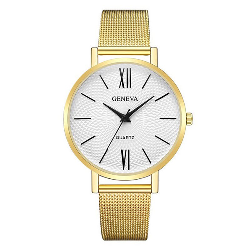 Ceas Geneva Unisex Quartz Casual Elegant Auriu/alb, PN999423GAB, curea din metal (mesh), afisaj Analog