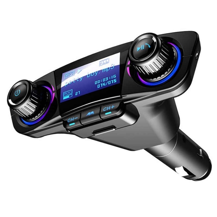 Modulator Transmitator FM Auto Techstar®, BT-06 Bluetooth 5.0, MP3 Player cu dublu USB, MicroSD si Jack 3.5mm