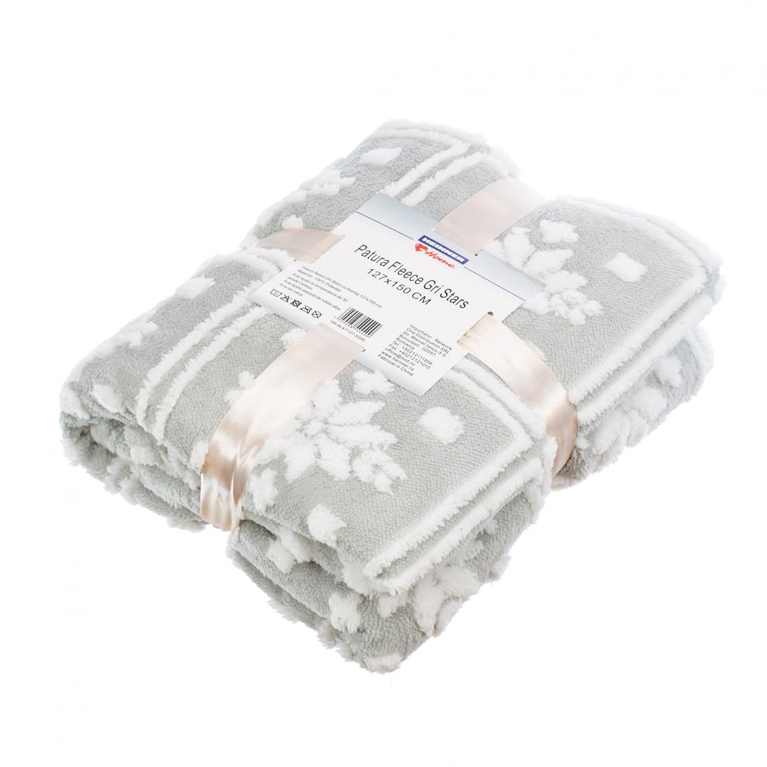 Patura fleece Gri Stars cu blanita 127x150 cm