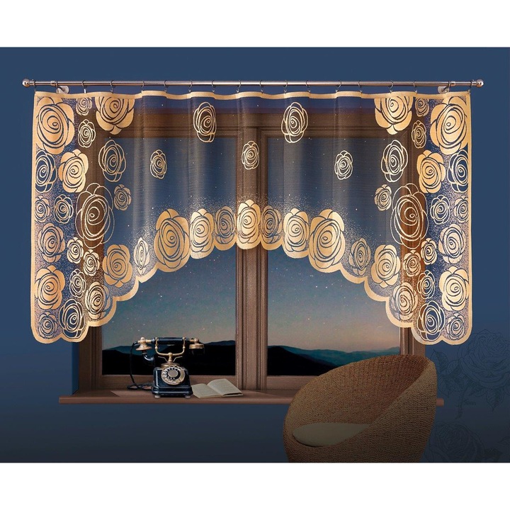 Готово перде дантела с ширит лента Ofra E218, 250x120 cm, 100% Полиестер, Златист черен цвят