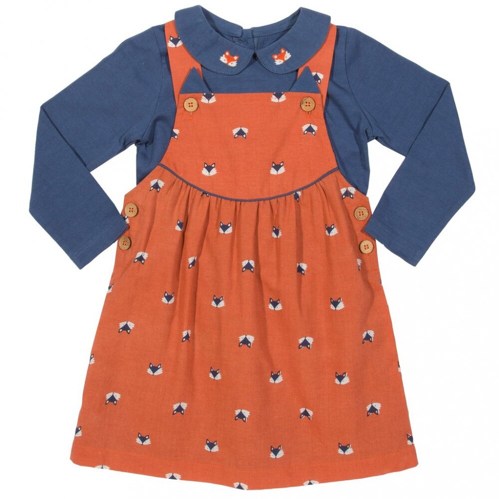Set rochita sarafan cu print vulpite si bluza, bumbac organic