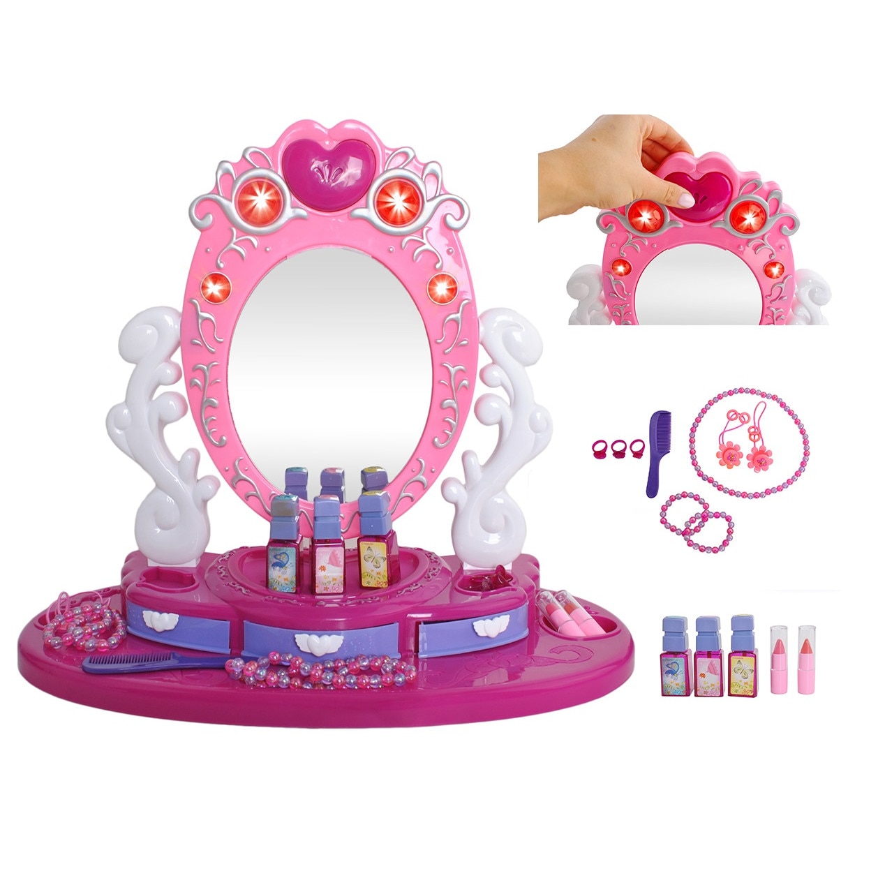 Oglinda Chic pentru fetite idealSTORE Beauty DIVA Mirror, Dimensiuni 20 x 46 x 40 cm, Echipata cu sunete, lumini, accesorii pentru machiaj si cosmetice, Inclinare reglabila