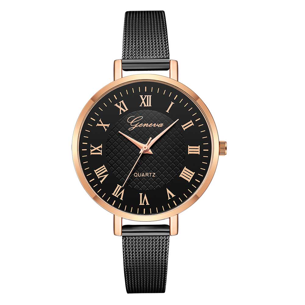 Ceas Geneva Dama Quartz Casual Elegant Negru-rose, PN999300NRE, curea din metal (mesh), afisaj Analog