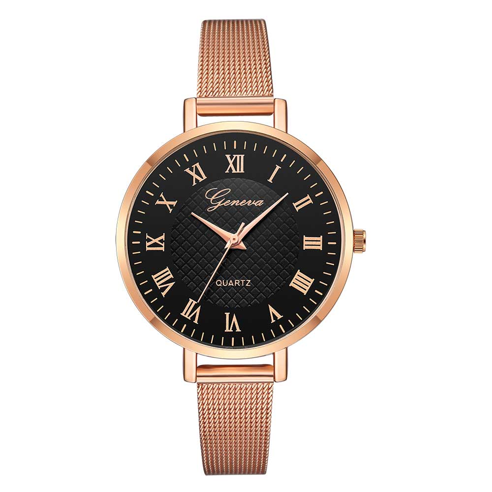 Ceas Geneva Dama Quartz Casual Elegant Rosegold-negru, PN999300RNU, curea din metal (mesh), afisaj Analog