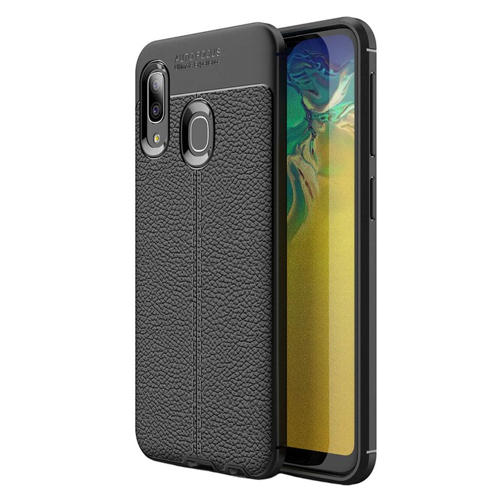 Автоматичен фокус Skin Cover, съвместим със Samsung Galaxy A30, бизнес кожа, фин дизайн против приплъзване, повдигнати ръбове, текстурирано покритие, черен