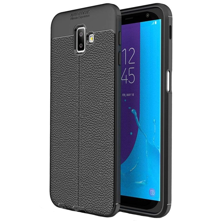 Husa Auto Focus Skin Compatibil cu Samsung Galaxy J6 Plus, Business Leather, Design subtil antialunecare, Margini ridicate, Finisaj texturat, Negru