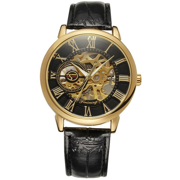 Ceas Forsining Unisex Automatic Casual Elegant Gold-negru, PN999241GNU, curea din piele, afisaj Analog