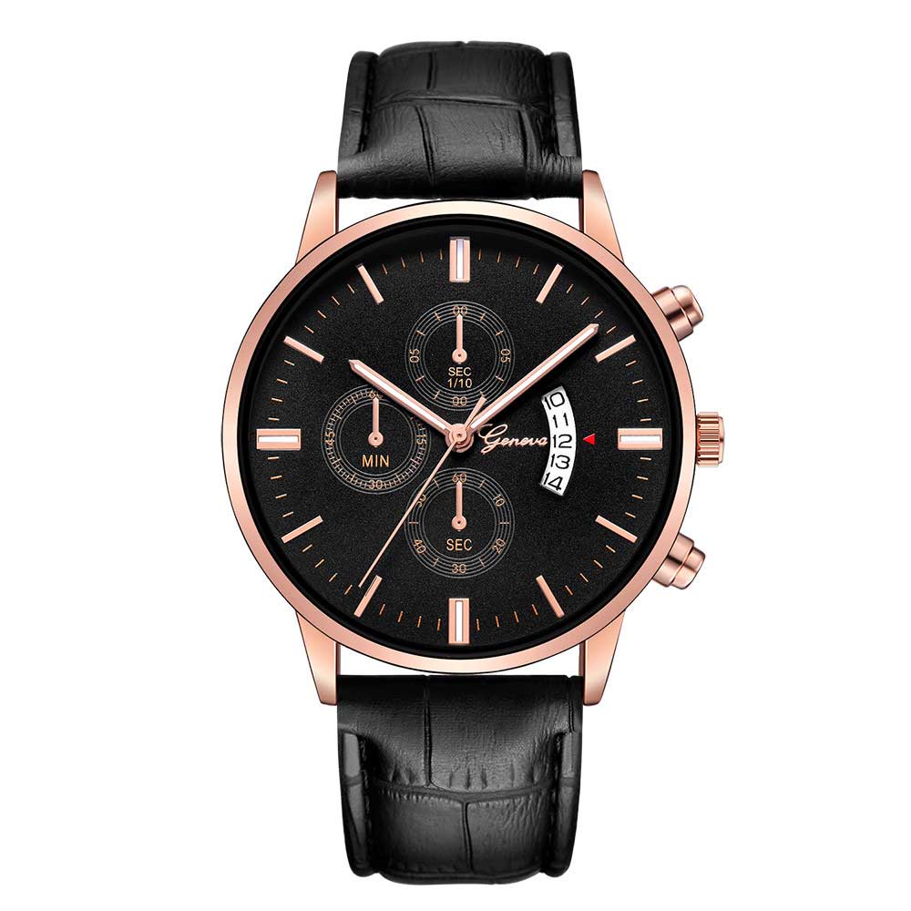 Ceas Geneva Unisex Quartz Casual Elegant Negru/rose, PN999220NRE, curea din piele, afisaj Analog