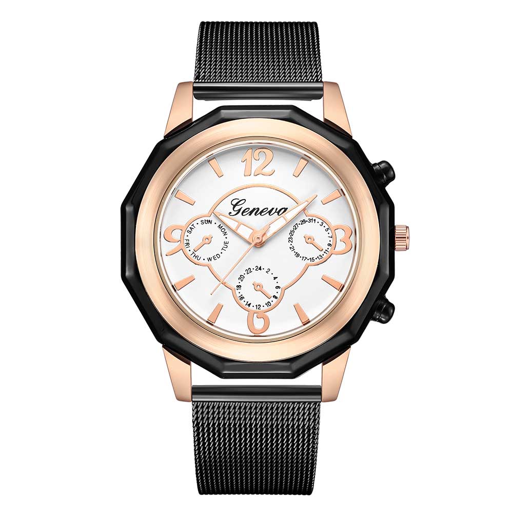 Ceas Geneva Unisex Quartz Casual Elegant Alb-negru, PN999434ANU, curea din metal (mesh), afisaj Analog