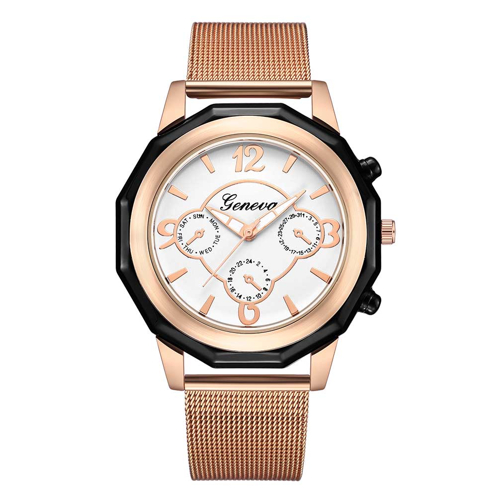 Ceas Geneva Unisex Quartz Casual Elegant Rosegold-alb, PN999434RAB, curea din metal (mesh), afisaj Analog