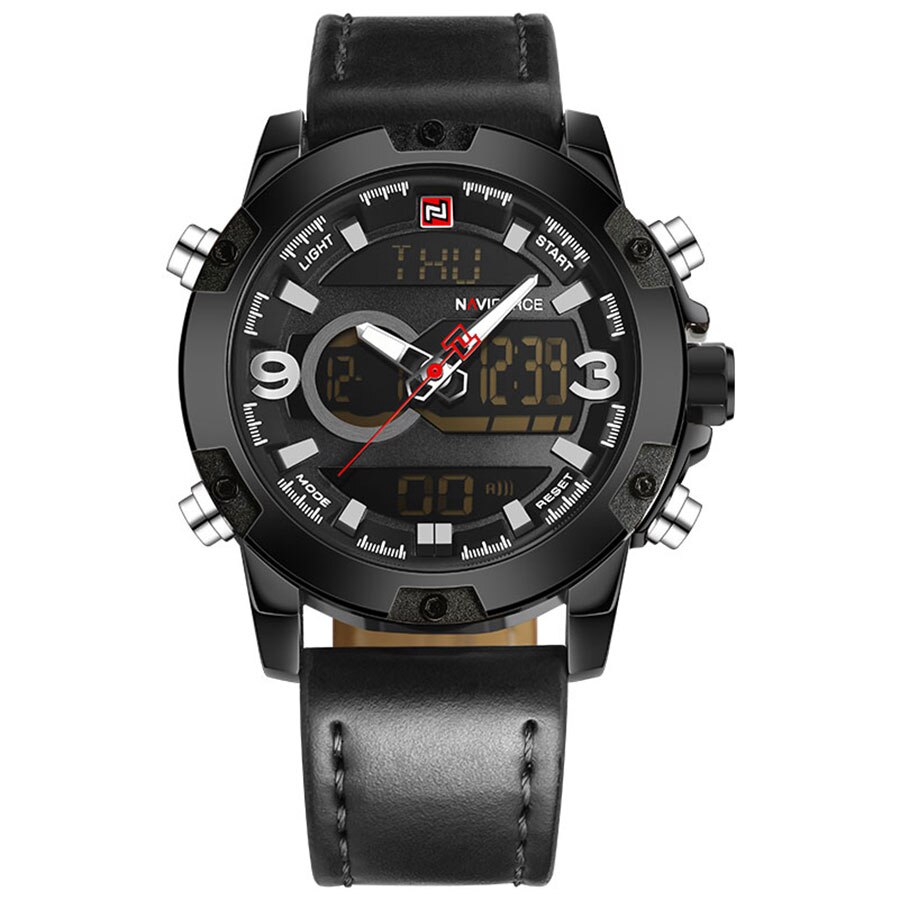 Ceas NAVIFORCE Barbatesc Quartz Casual Elegant Negru, PN999996NU, curea din piele, afisaj Hibrid