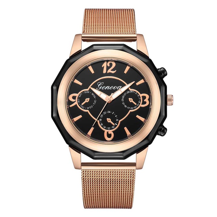 Ceas Geneva Unisex Quartz Casual Elegant Rosegold-negru, PN999434RNU, curea din metal (mesh), afisaj Analog