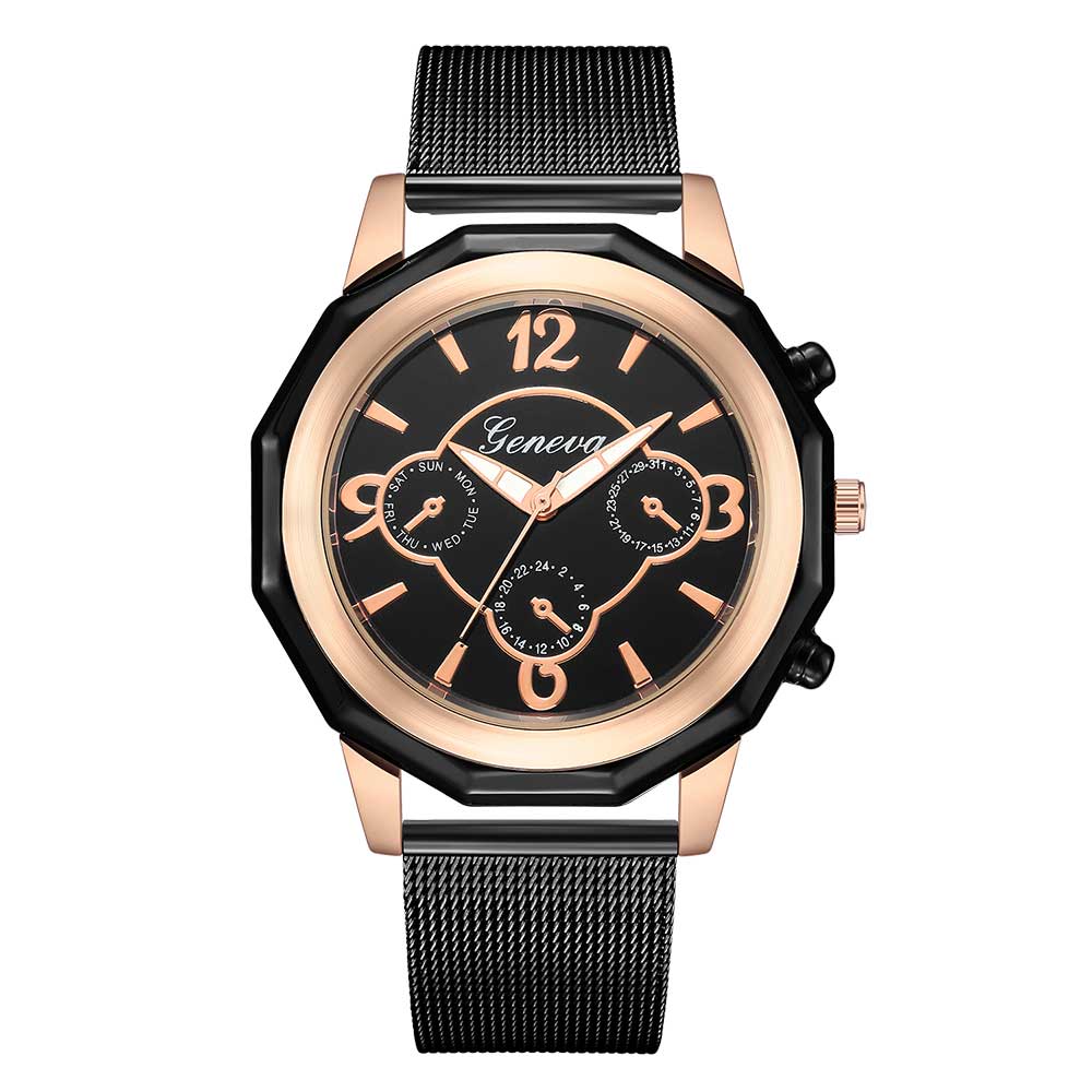Ceas Geneva Unisex Quartz Casual Elegant Negru-rose, PN999434NRE, curea din metal (mesh), afisaj Analog