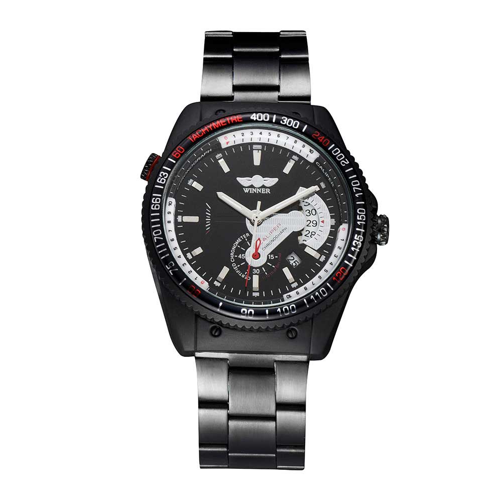 Ceas Winner Barbatesc Automatic Casual Elegant Negru, PN999239NU, curea din metal (zale), afisaj Analog