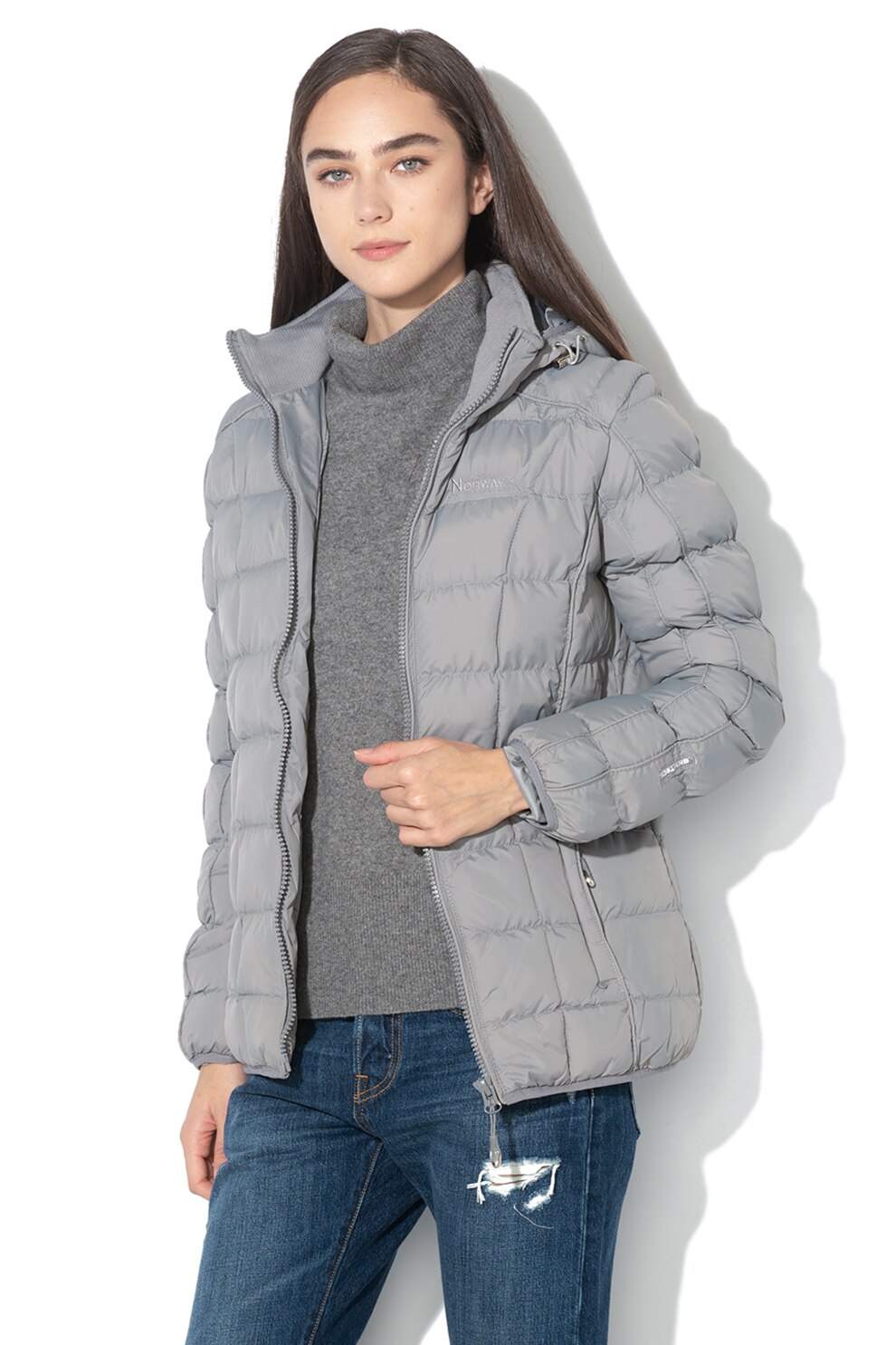 Geographical Norway, Geaca din material respirabil, cu vatelina si gluga detasabila Babette, Gri cenusa