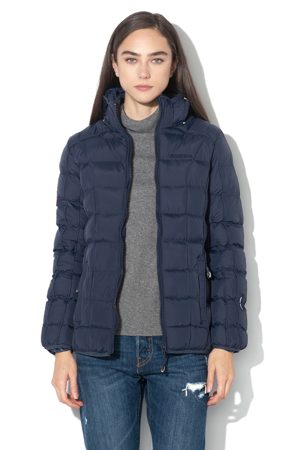 Geographical Norway, Geaca din material respirabil, cu vatelina si gluga detasabila Babette, Albastru marin