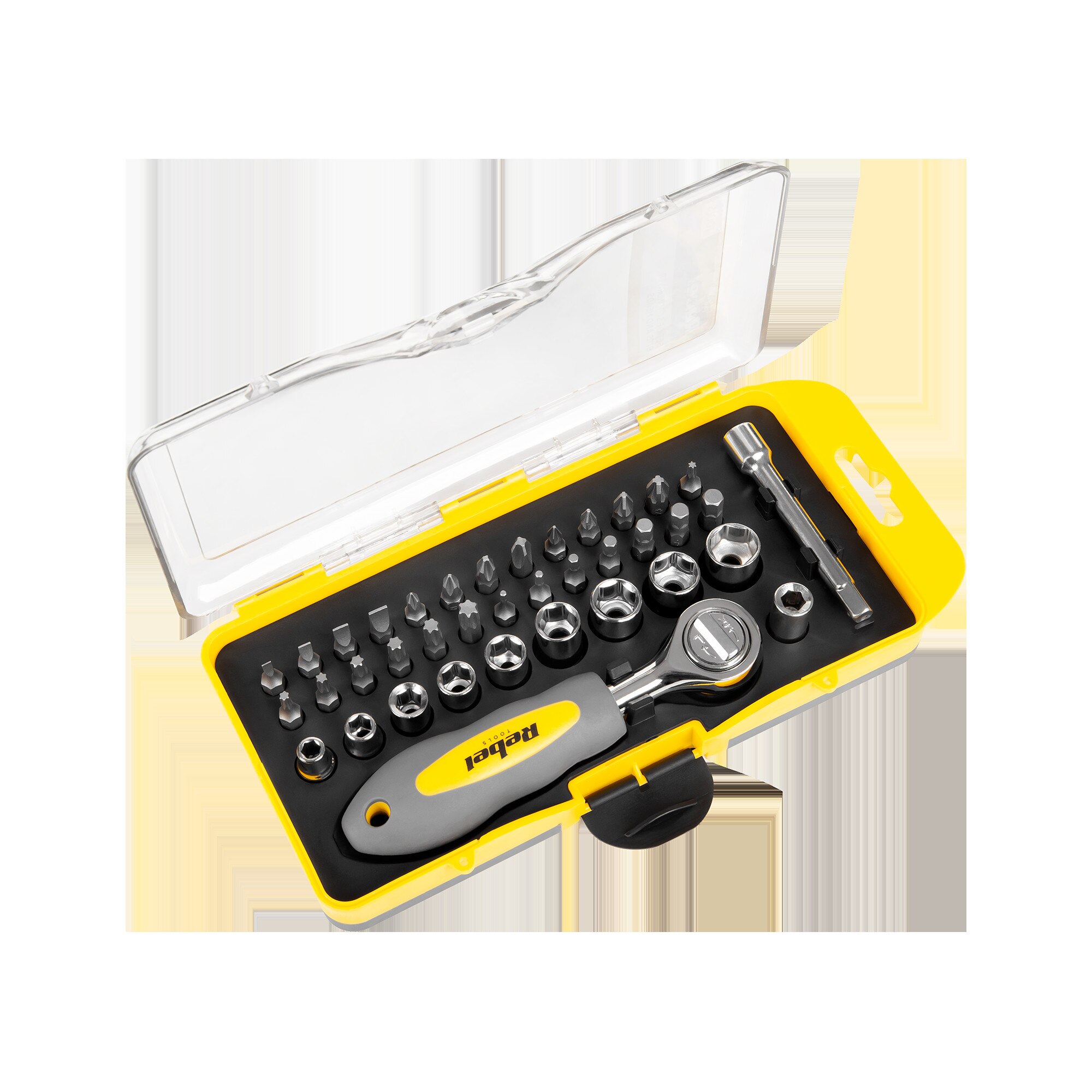 Set biti cu cheie Clichet Rebel Tools, 38 piese, adaptor magnetic si maner extensibil, capete tubulare, biti forma plata, in cruce, PZ, Torx, hexagonali