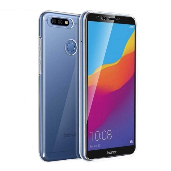 360 Hybrid Full Cover, 2 az 1-ben (első + hátsó védelem) tok, szilikon és akrilüveg, Huawei Y7 (2018)-hez, Átlátszó