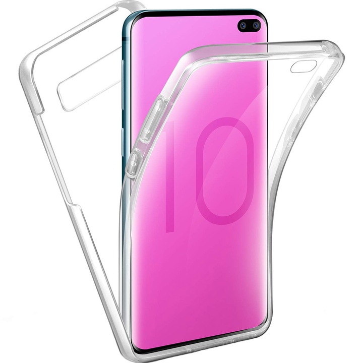 Husa 360 Hybrid Full Cover, 2 in 1 (protectie fata + spate), din silicon si sticla acrilica, Compatibil cu Samsung Galaxy S10 Plus, Transparent