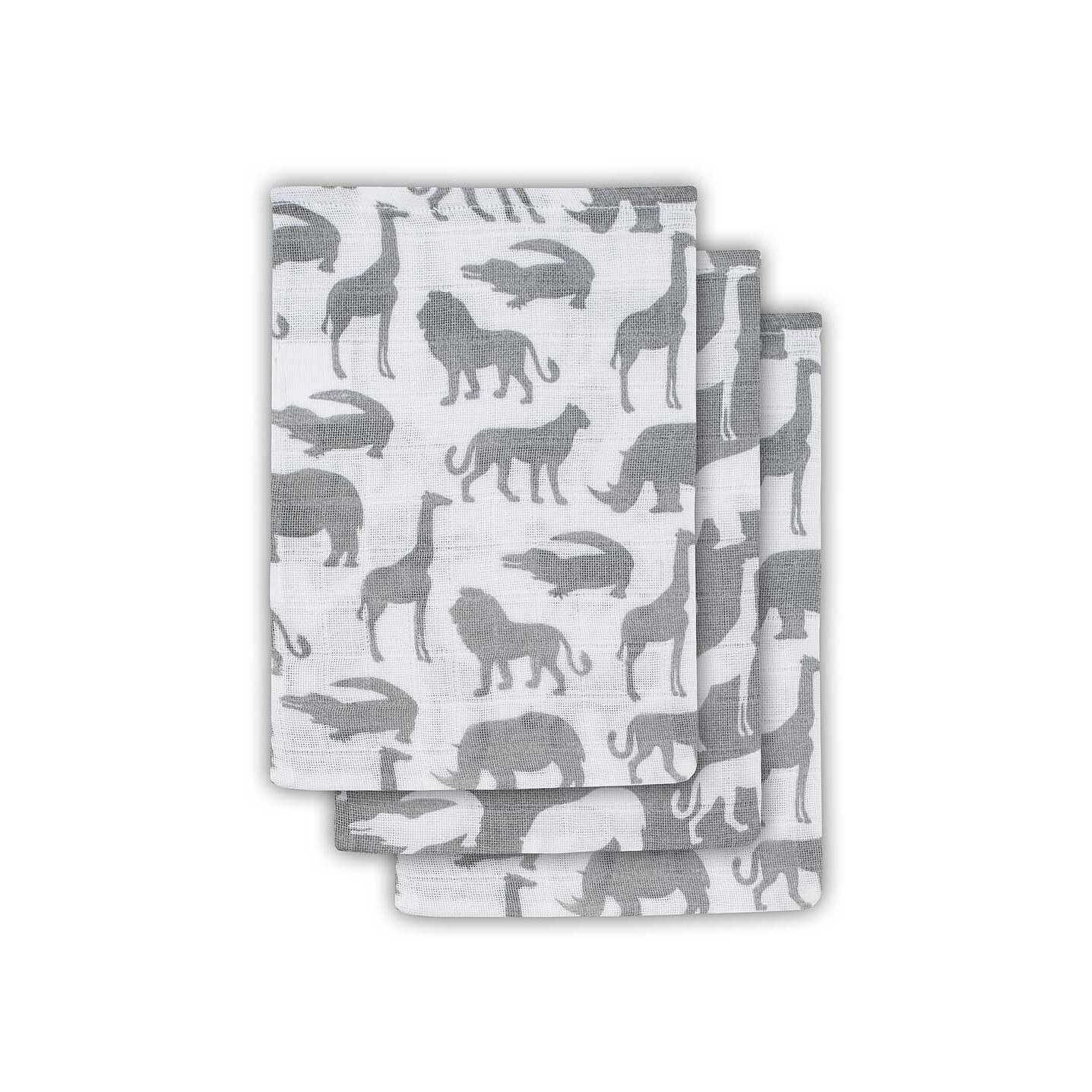 Set 3 manusi hidrofile, Jollein Safari, 15x20 cm, bumbac, gri