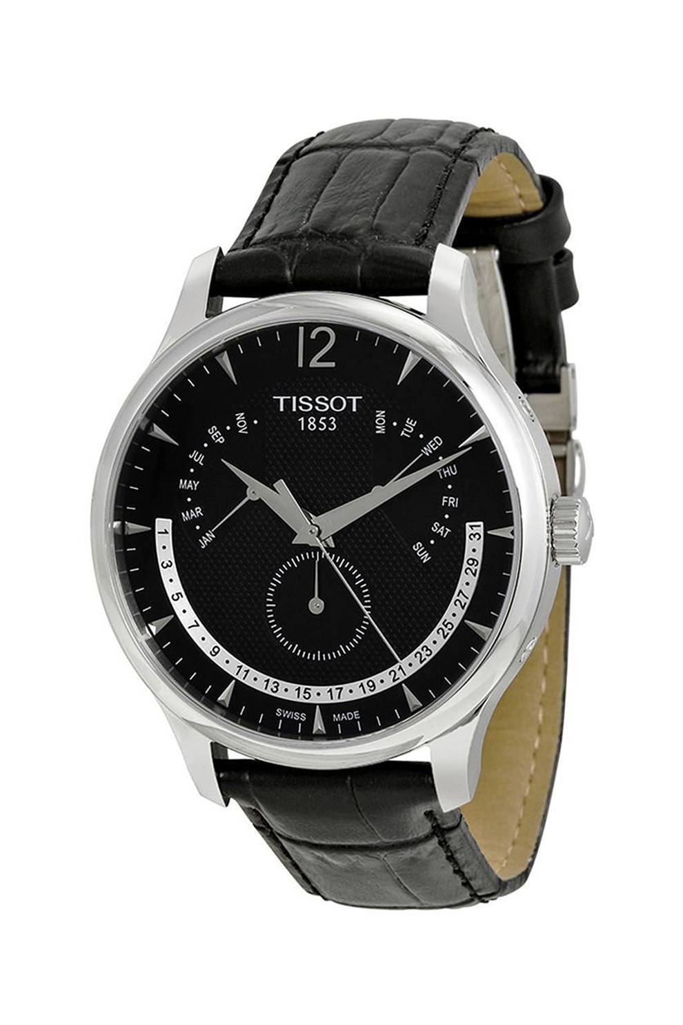 Tissot, Ceas cu functii multiple si curea de piele, Negru/Argintiu