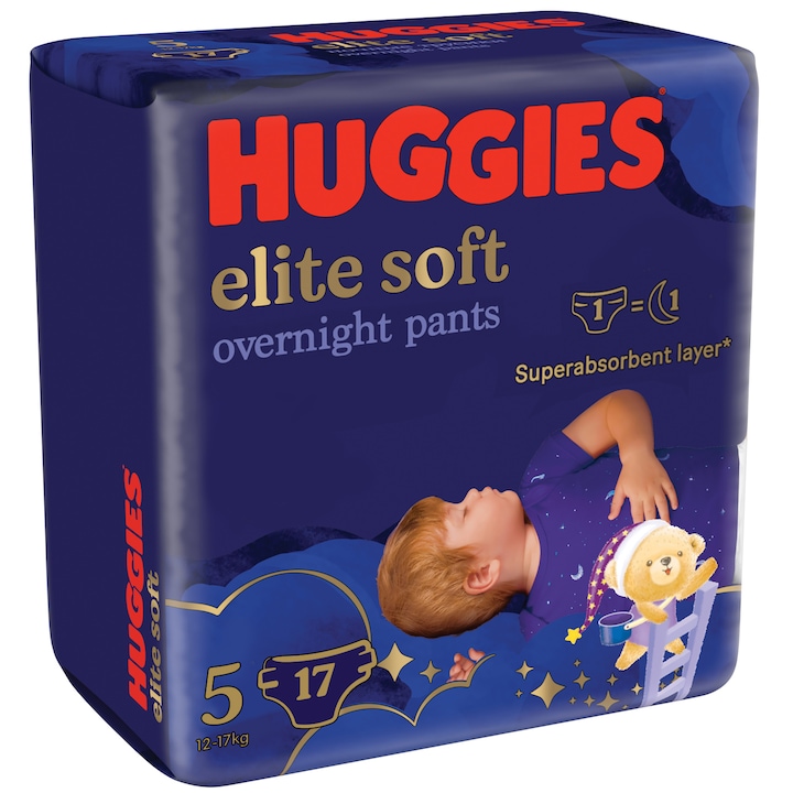 Пелени-гащички Huggies Elite Soft Pants Overnight, Нощни, Размер 5, 17 броя, 12-17 кг