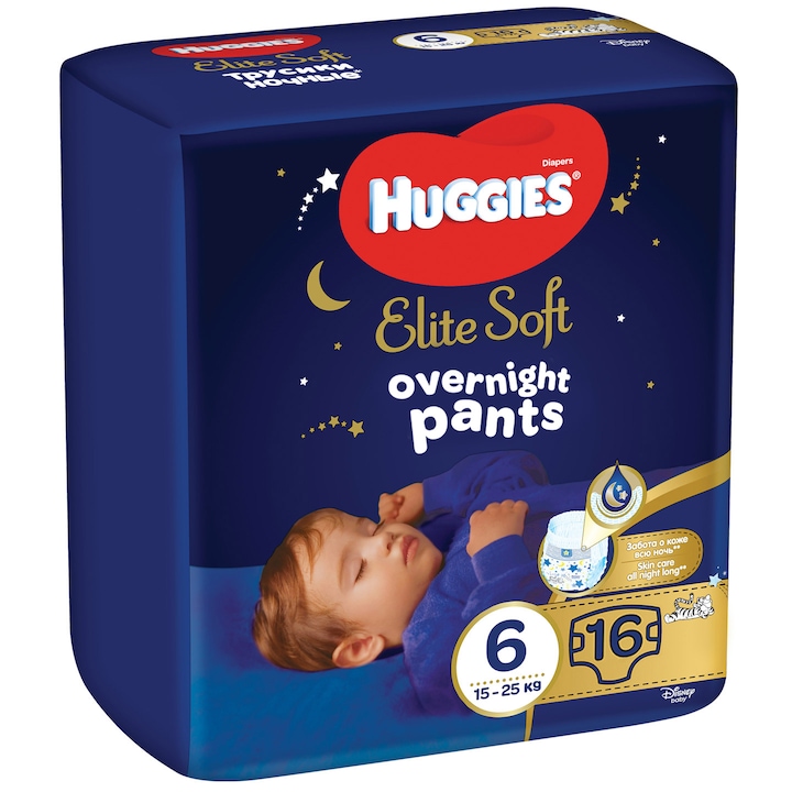 Scutece-chilotel de noapte Huggies Elite Soft Pants Overnight, marimea 6, 16 buc, 15-25 kg