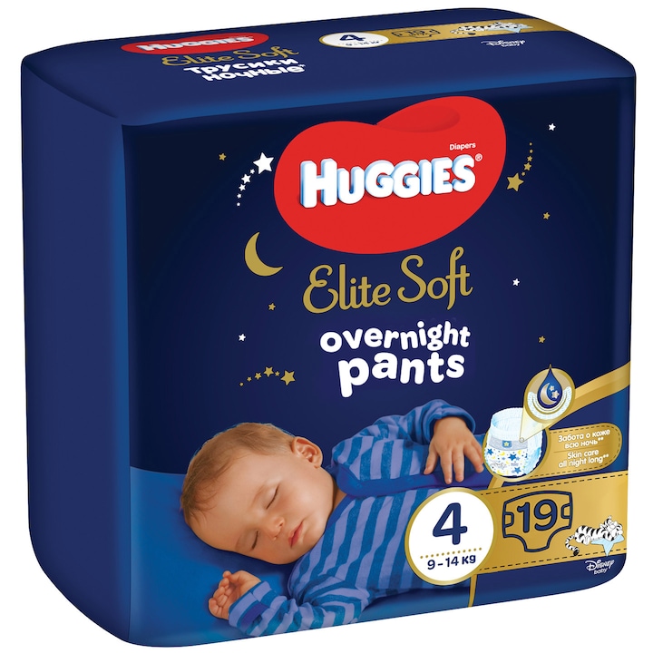 Scutece-chilotel de noapte Huggies Elite Soft Pants Overnight, marimea 4, 19 buc, 9-14 kg