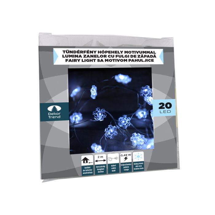 Ghirlanda decor Lumina Zanelor cu Fulgi de Zapada, DekorTrend, KDE 321, 20 LEDuri, lungime 2m, alb rece, cablu argintiu, cablu de alimentare 0,5m, pe baterii, interior